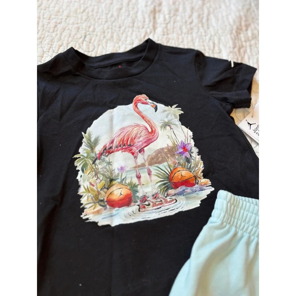 Jordan Toddler Boys 2-Piece Set Black Flamingo Graphic Tee‎ Blue Shorts 2T